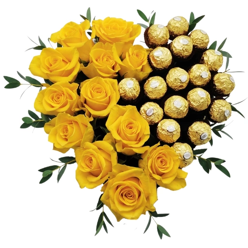 Arreglo floral corazon de 12 rosas amarillas y chocolates